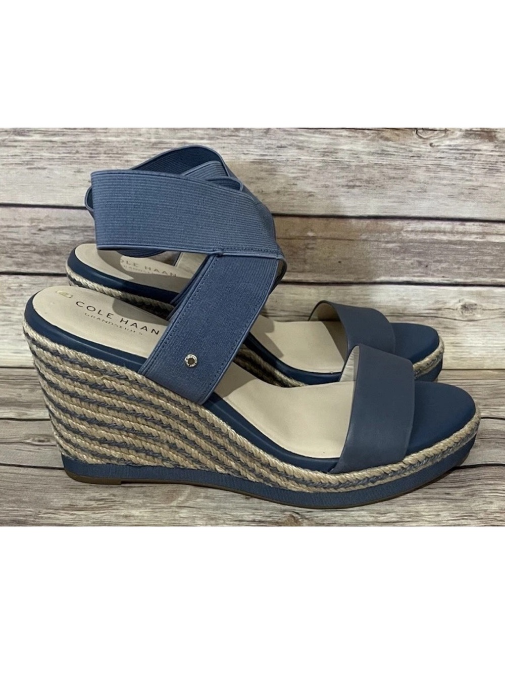 Cole Haan Sz 8.5 Cloudfeel Indigo Blue Wedge Espadrille Sandals - Picture 2 of 9